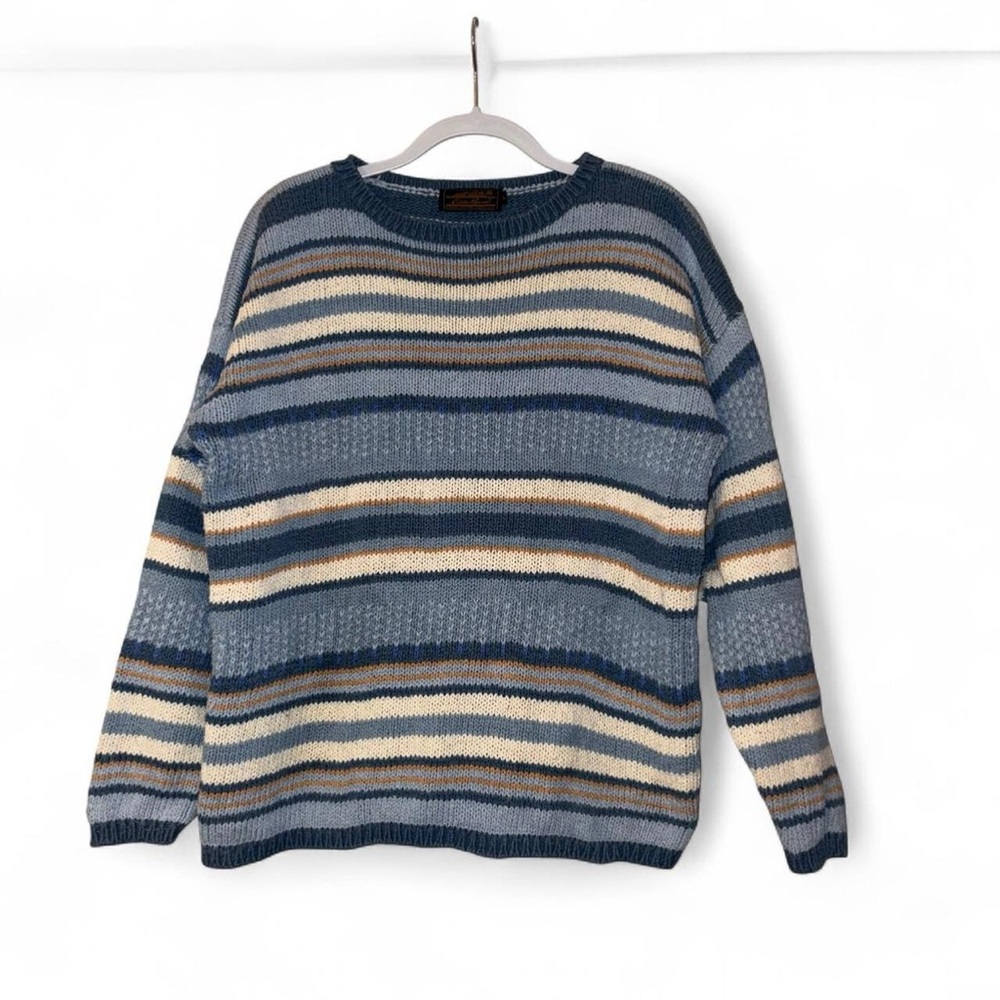Vintage Eddie Bauer Striped Blue, Cream and Gold Knit Cotton Sweater